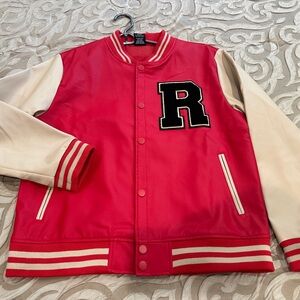 Young Adult varsity faux leather jacket; red and cream; XL; brand new